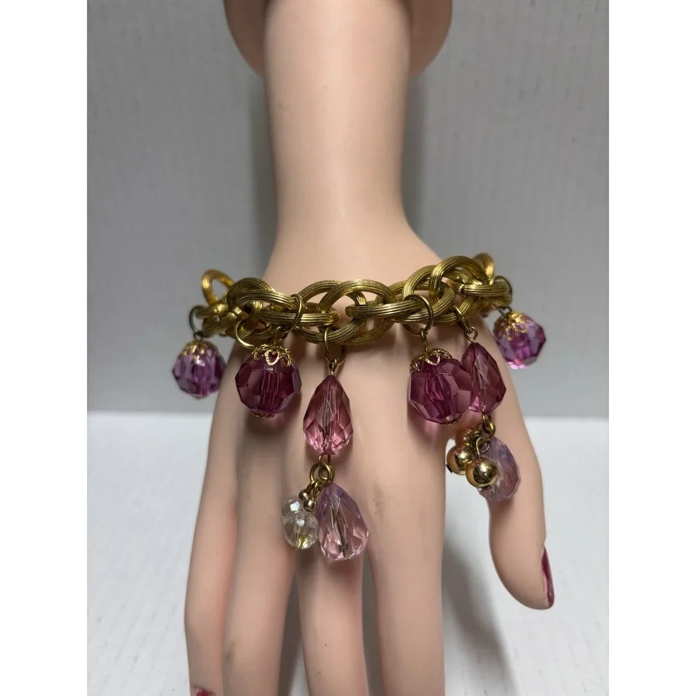 Bracelet‎ Gold Tone Dangling Pink Lilac Plastic Beads Charms Festive look